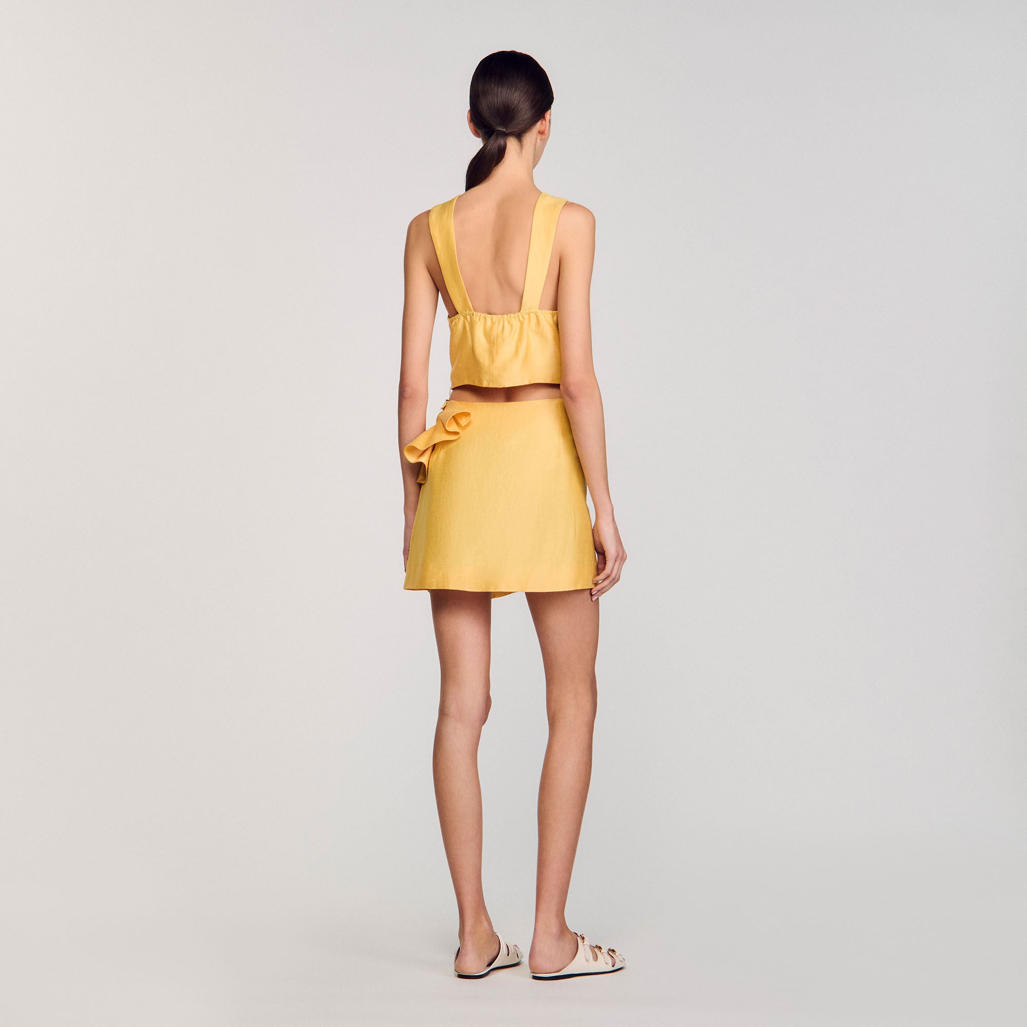 Sandro / Ruffled flower detailed crop top Straw