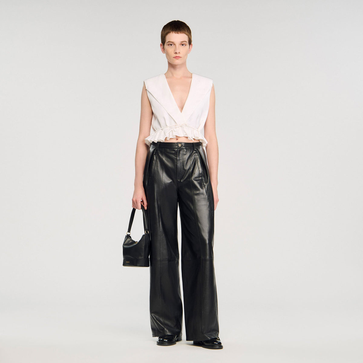 Sandro / Ruffled V-neck crop top Ecru