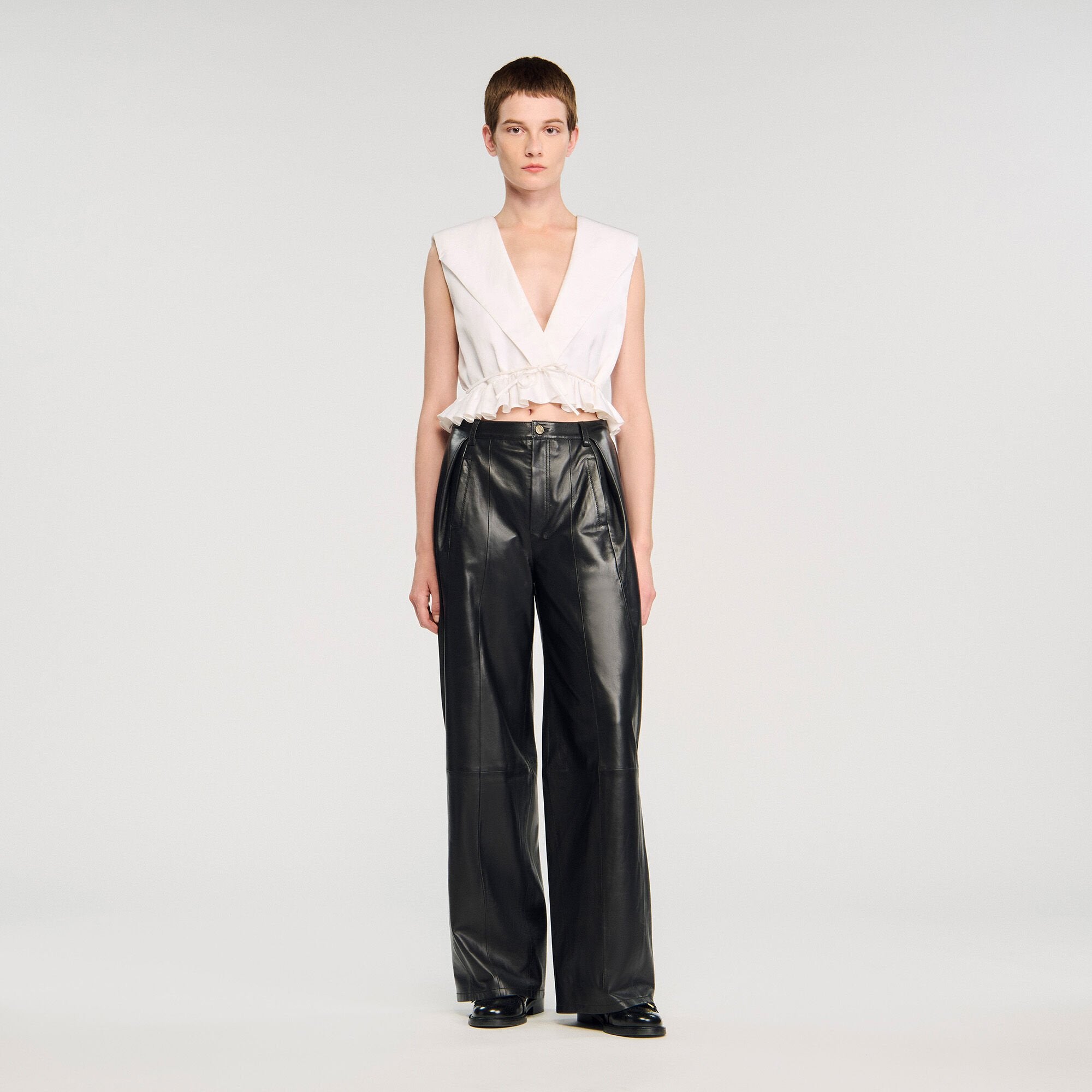 Sandro / Ruffled V-neck crop top Ecru