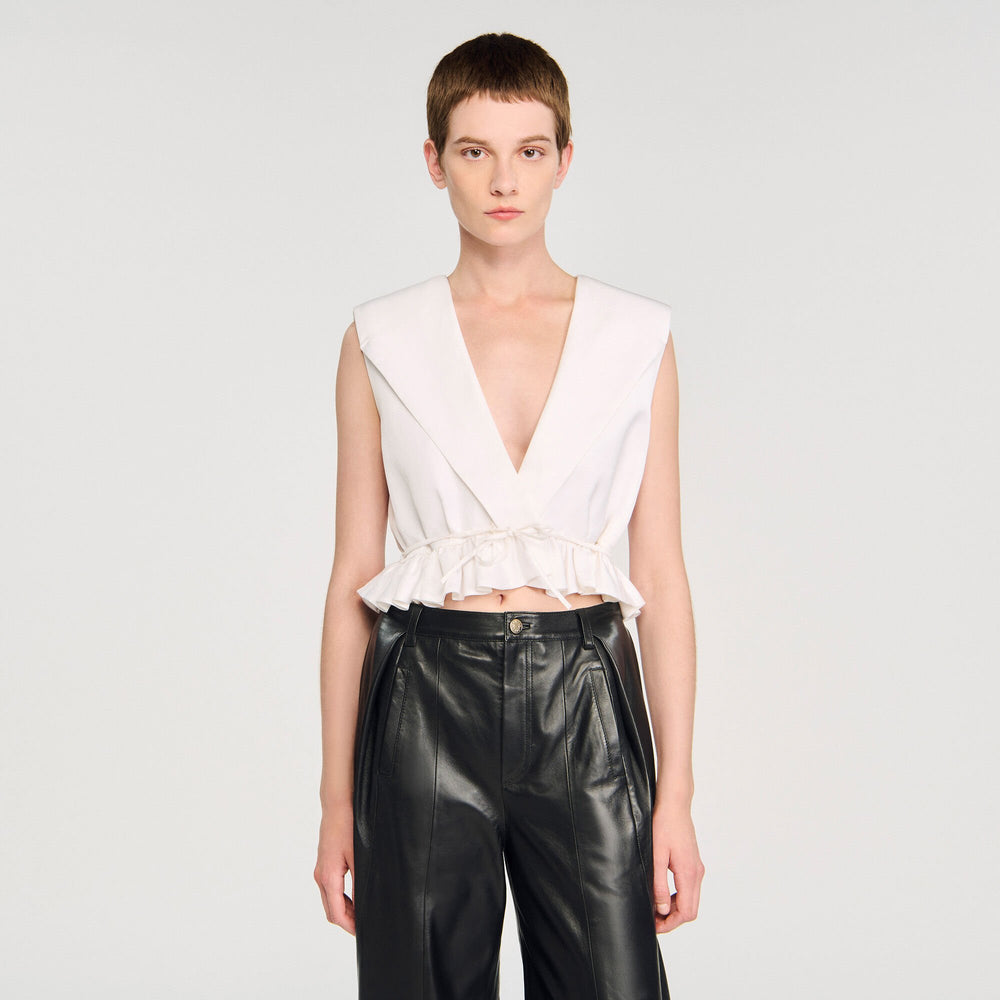Sandro / Ruffled V-neck crop top Ecru