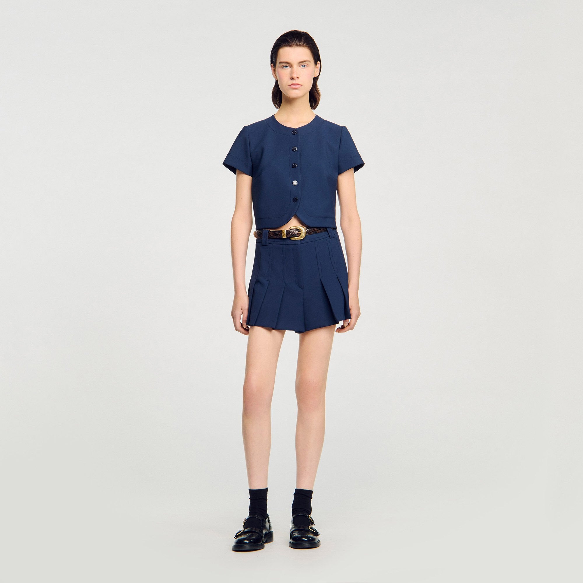 Sandro / Rounded hem buttoned crop top Navy Blue