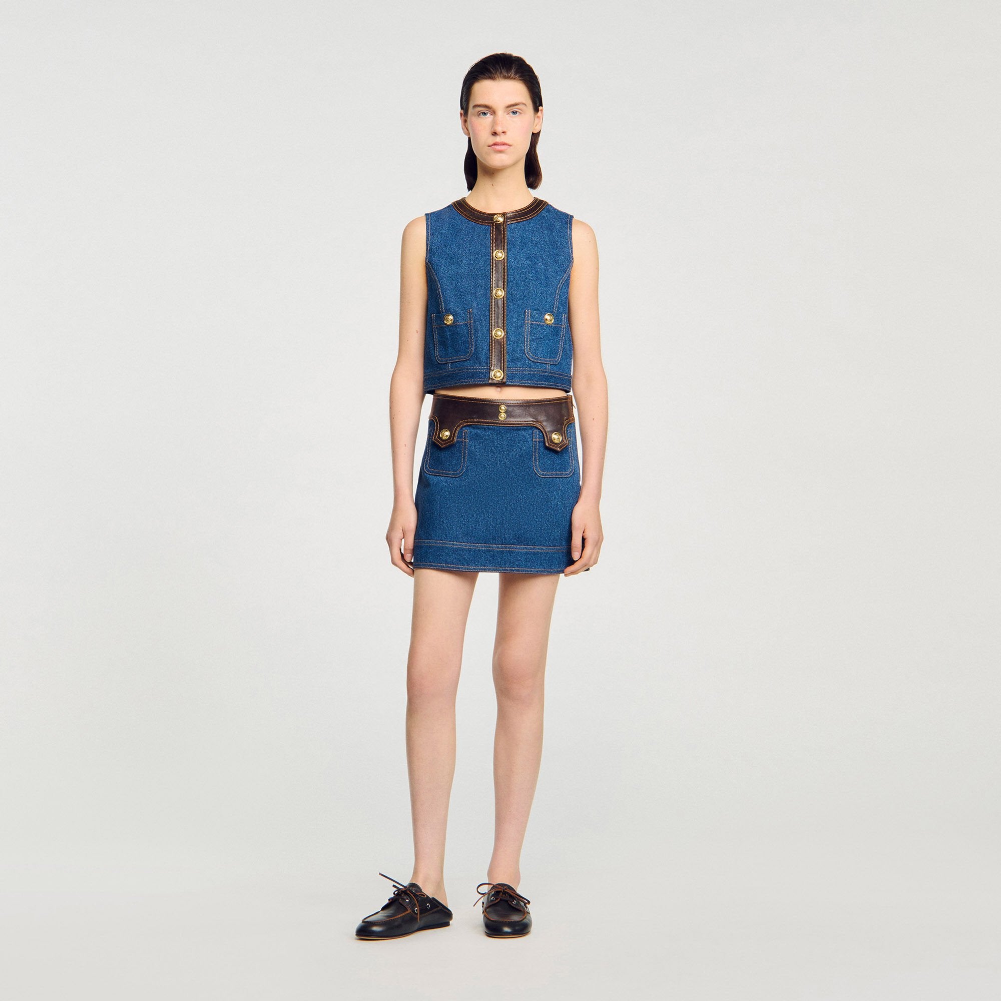 Sandro / Denim and leather top Dark Blue