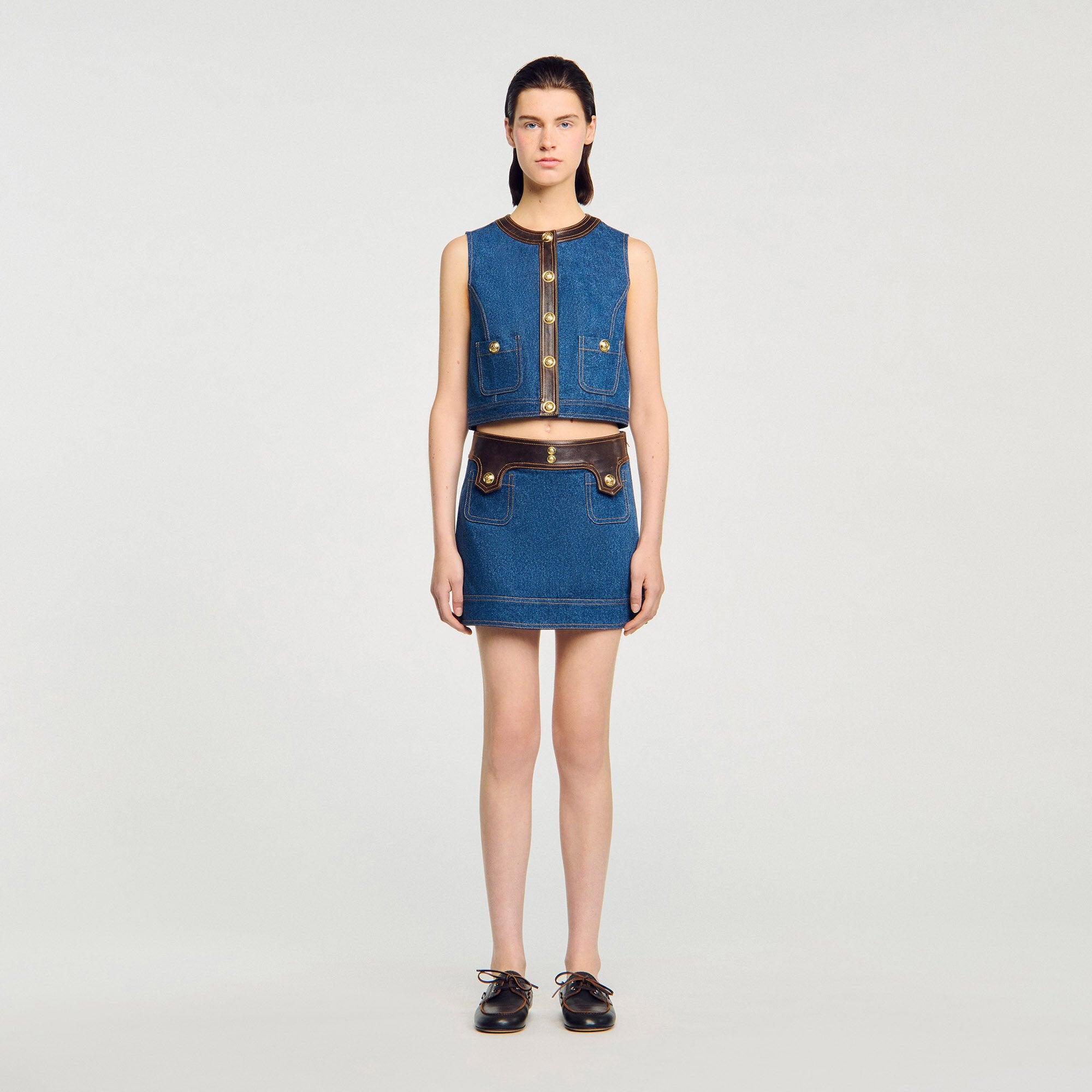 Sandro / Denim and leather top Dark Blue
