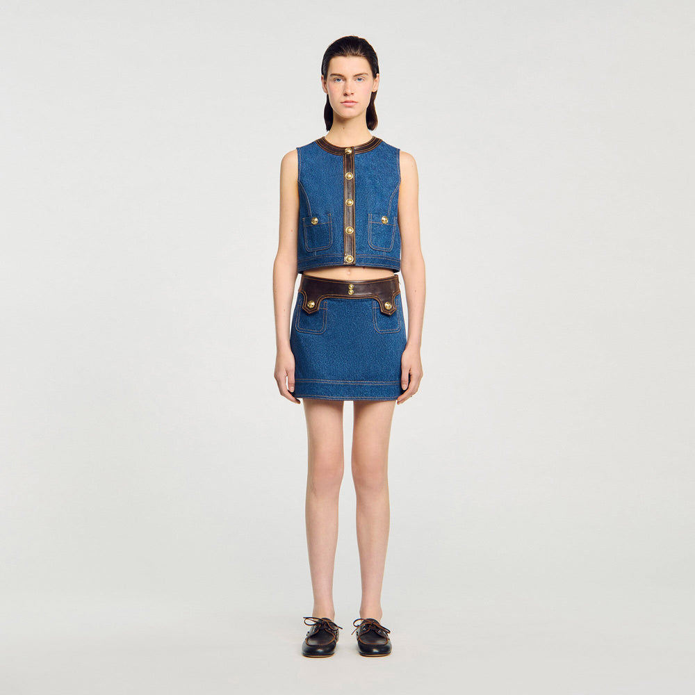 Sandro / Denim and leather top Dark Blue