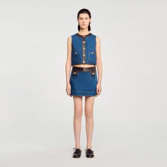 Sandro / Denim and leather top Dark Blue