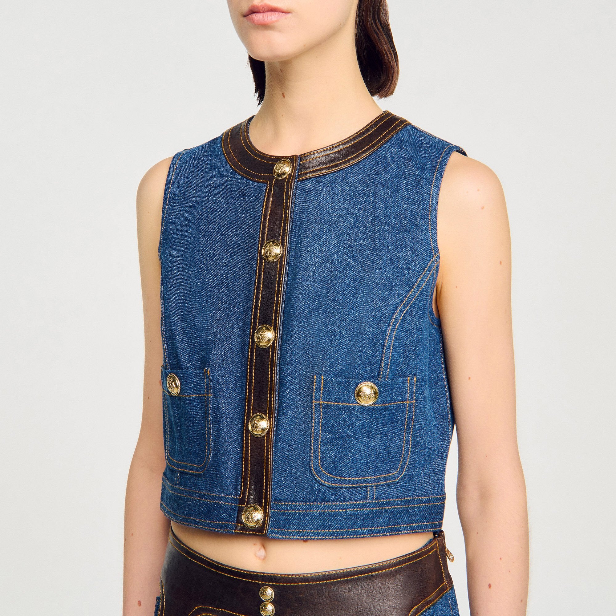 Sandro / Denim and leather top Dark Blue