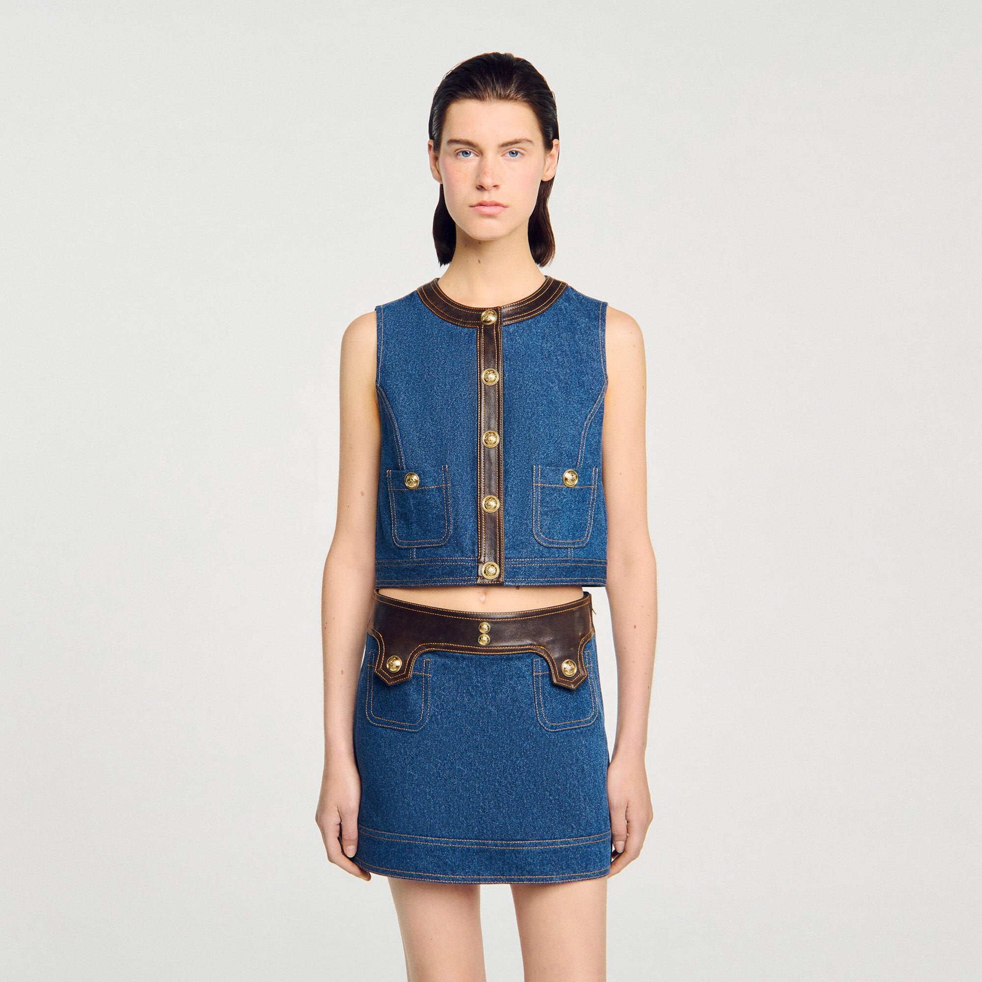 Sandro / Denim and leather top Dark Blue