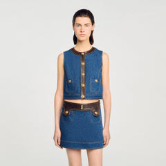 Sandro / Denim and leather top Dark Blue