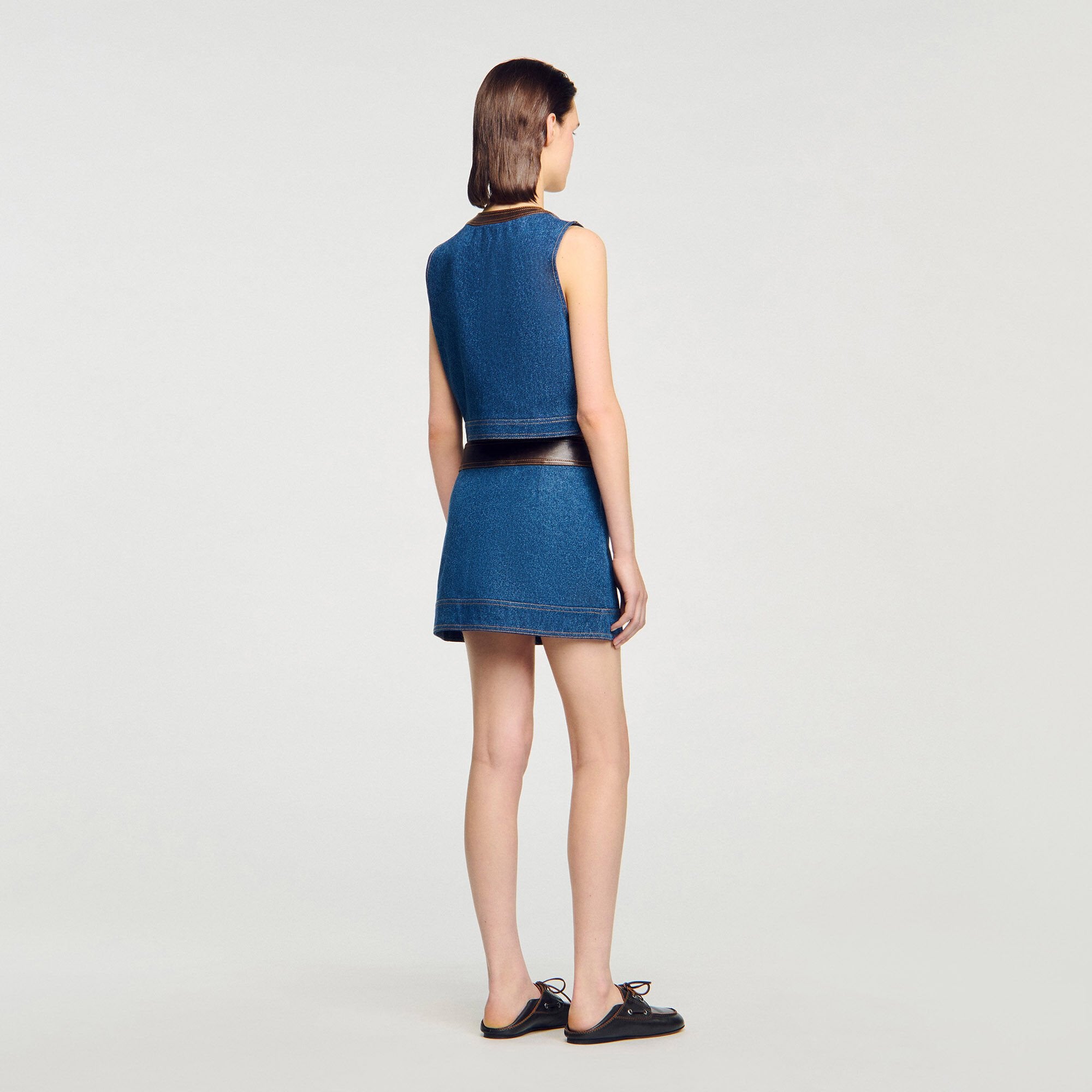 Sandro / Denim and leather top Dark Blue