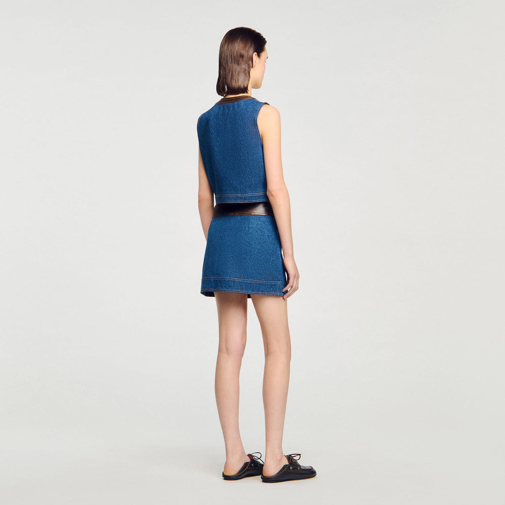 Sandro / Denim and leather top Dark Blue