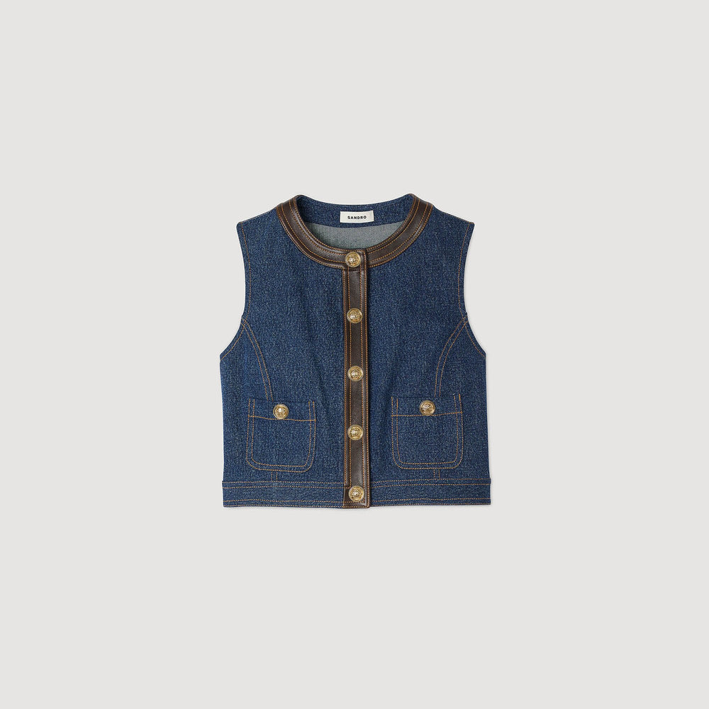 Sandro / Denim and leather top Dark Blue