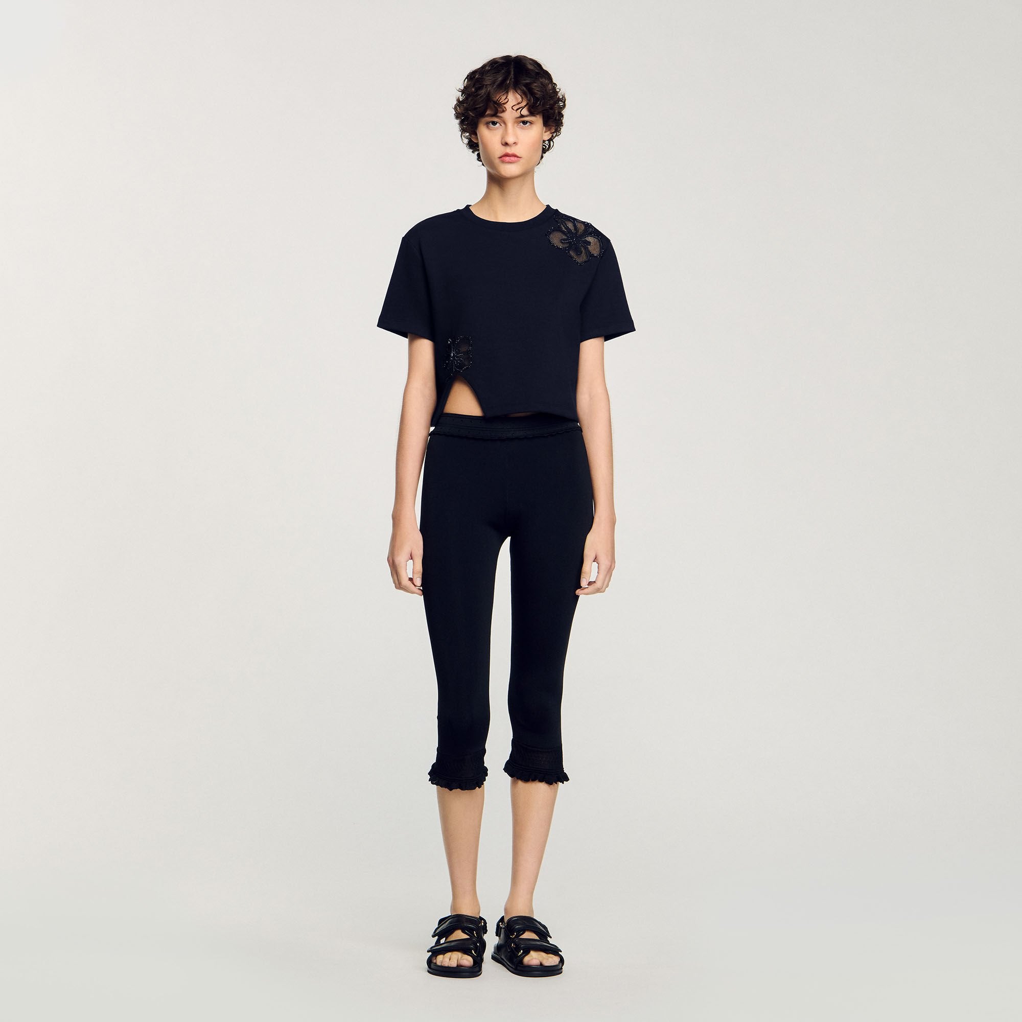 Sandro / Floral embroidery T-shirt Black