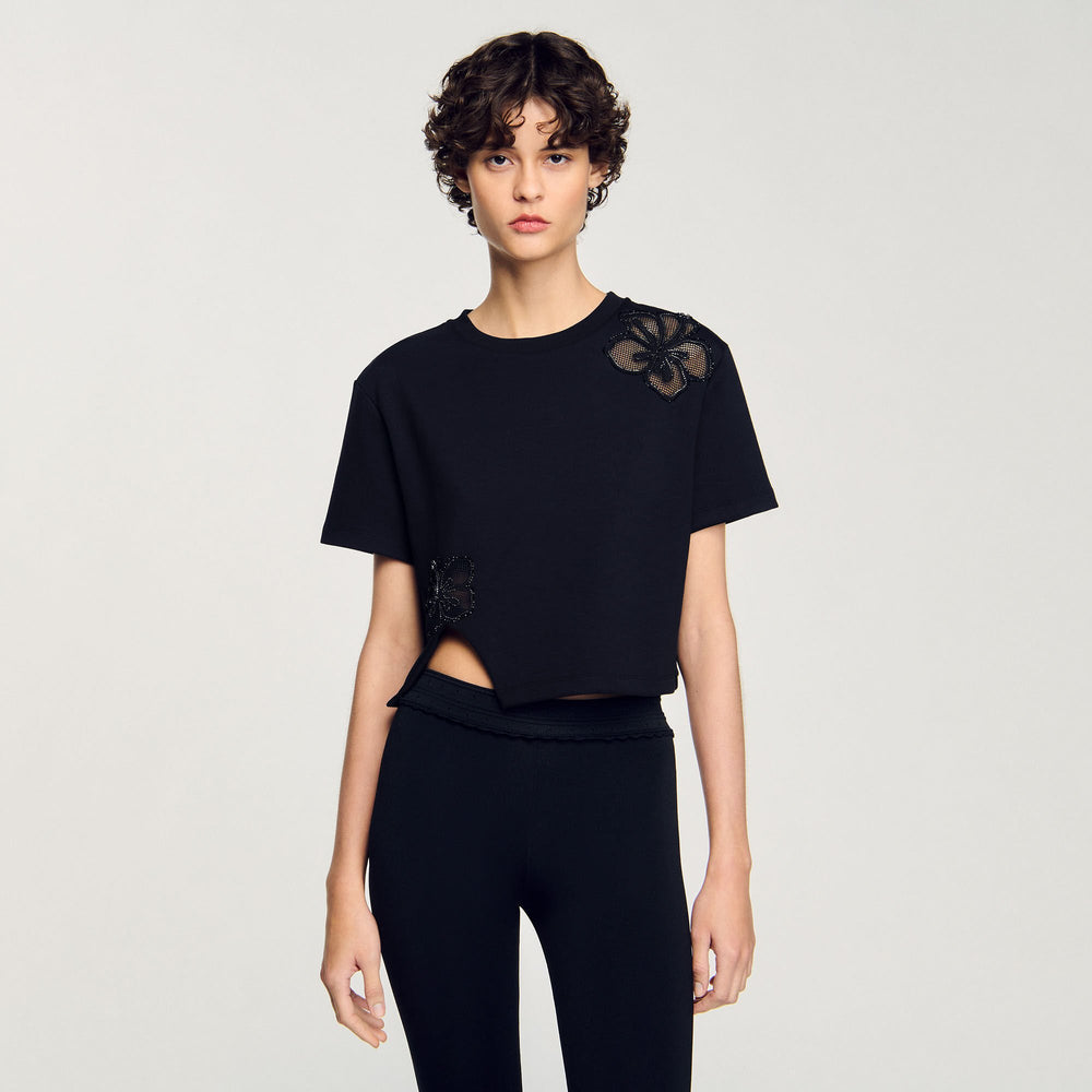 Sandro / Floral embroidery T-shirt Black