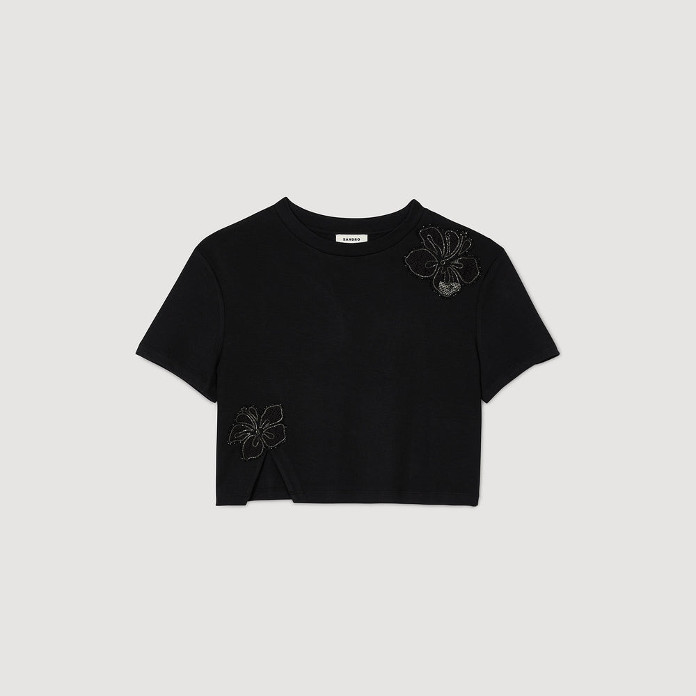 Sandro / Floral embroidery T-shirt Black