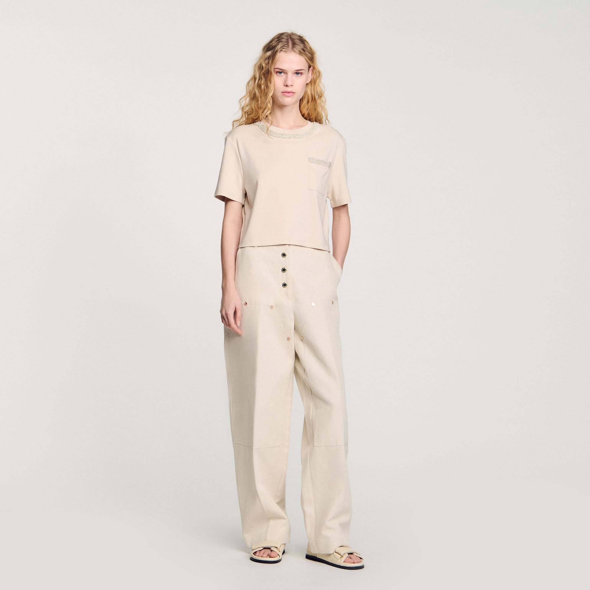 Sandro / T-shirt with rhinestone details Beige