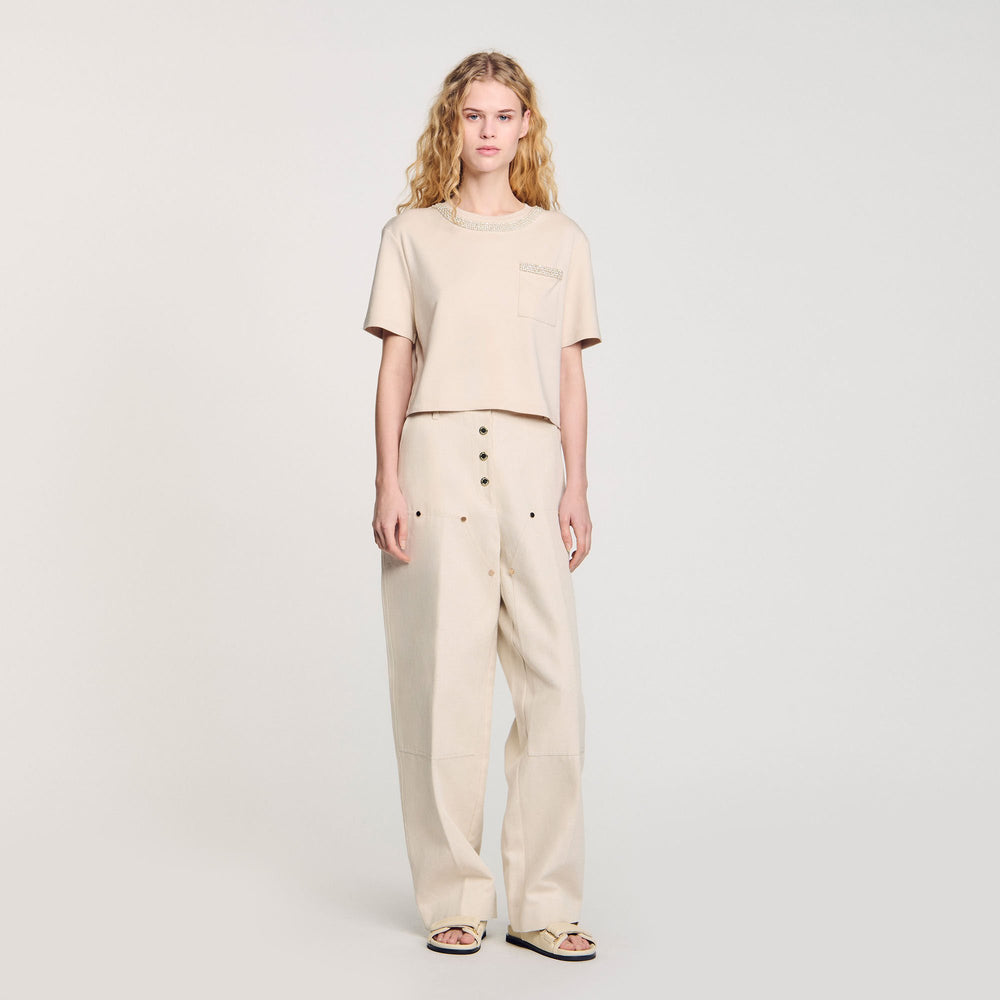 Sandro / T-shirt with rhinestone details Beige