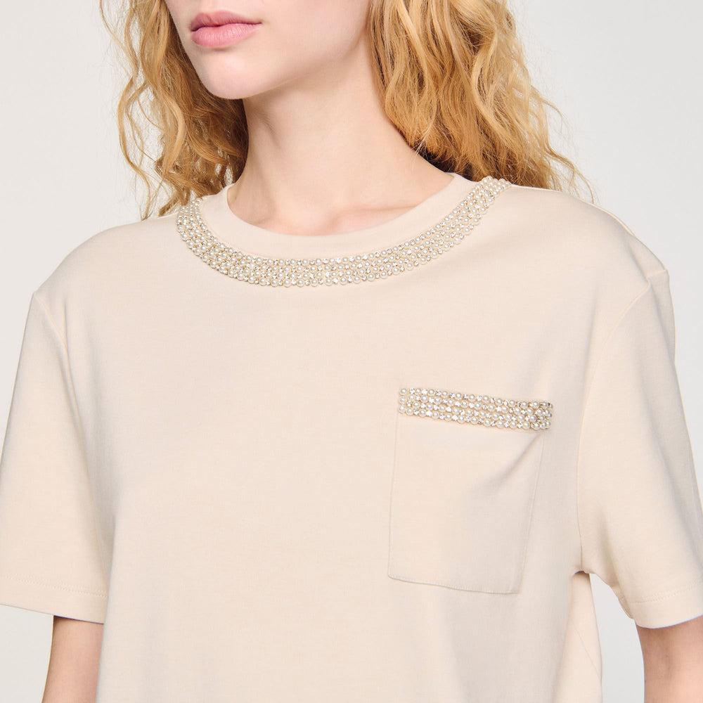 Sandro / T-shirt with rhinestone details Beige