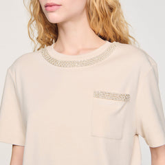 Sandro / T-shirt with rhinestone details Beige