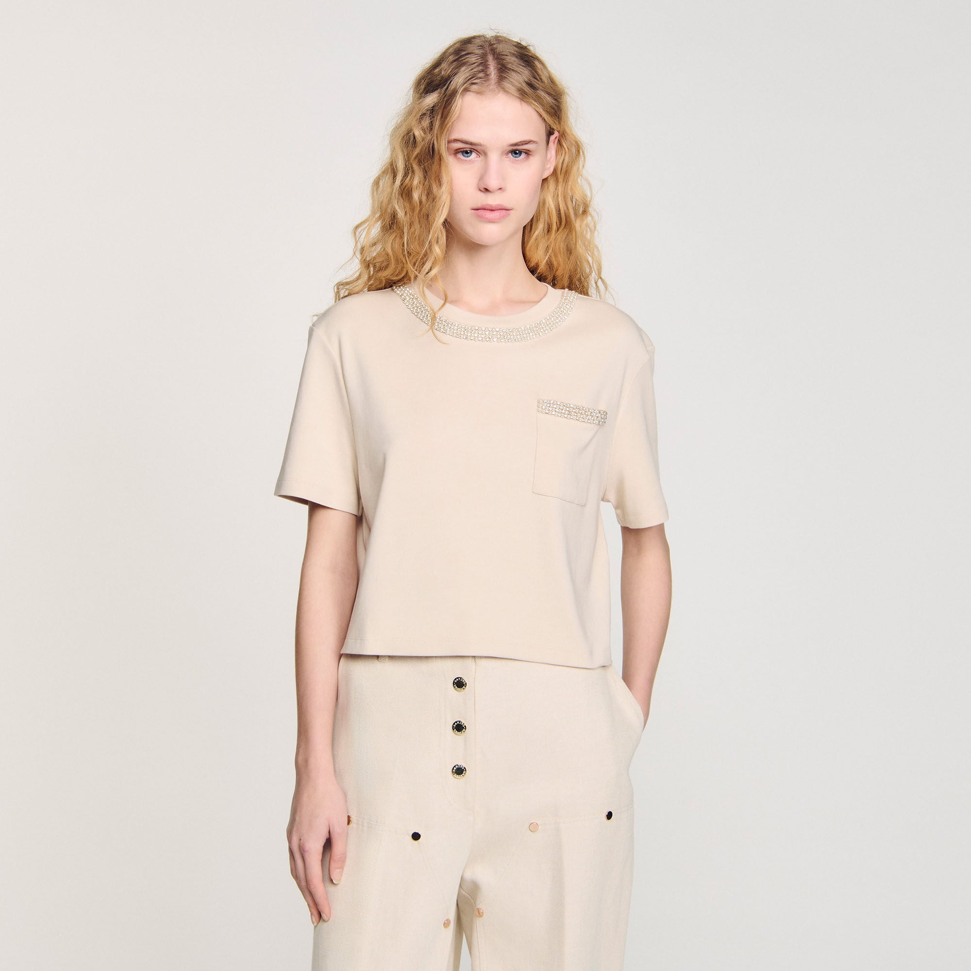 Sandro / T-shirt with rhinestone details Beige