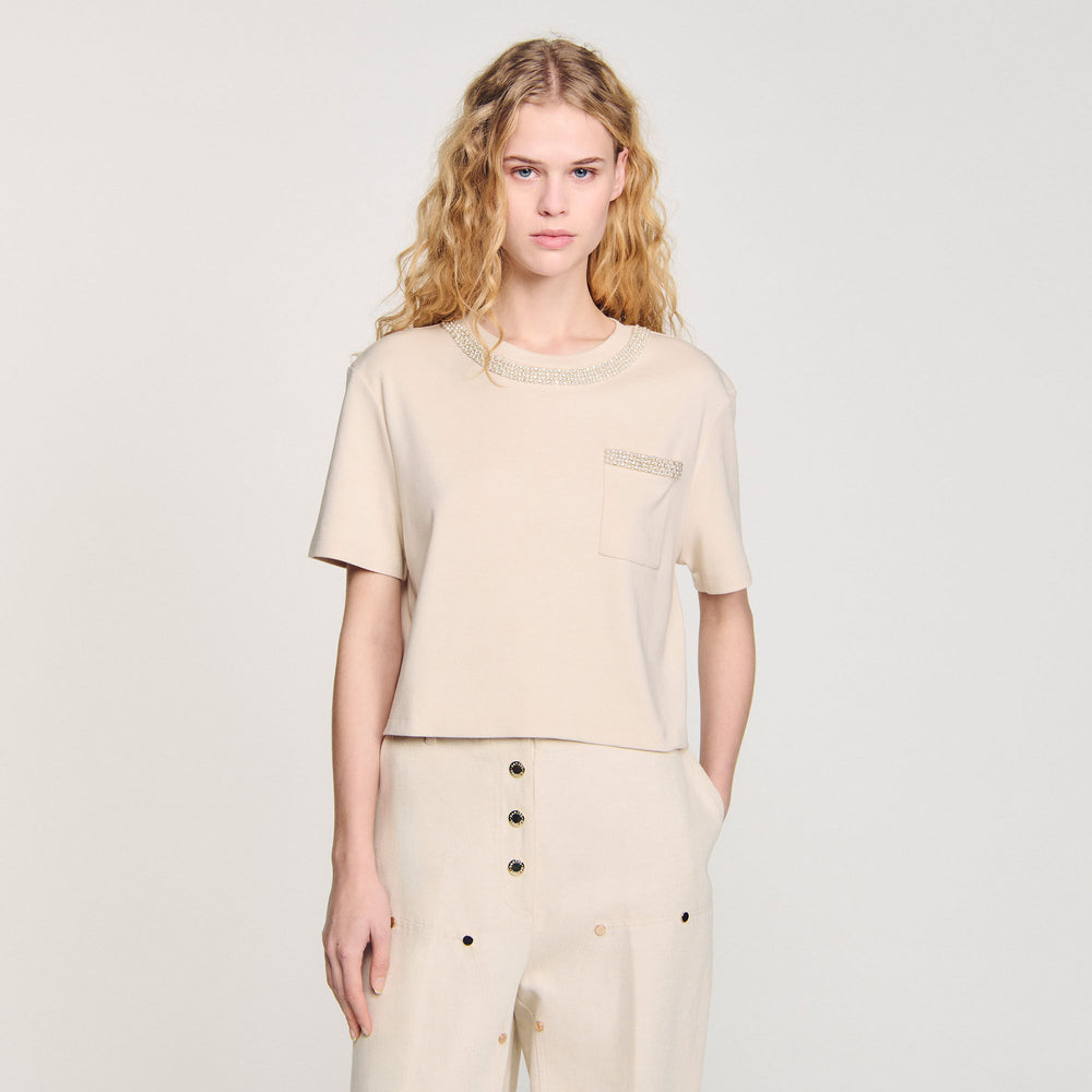 Sandro / T-shirt with rhinestone details Beige