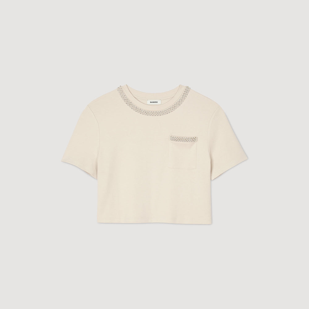 Sandro / T-shirt with rhinestone details Beige