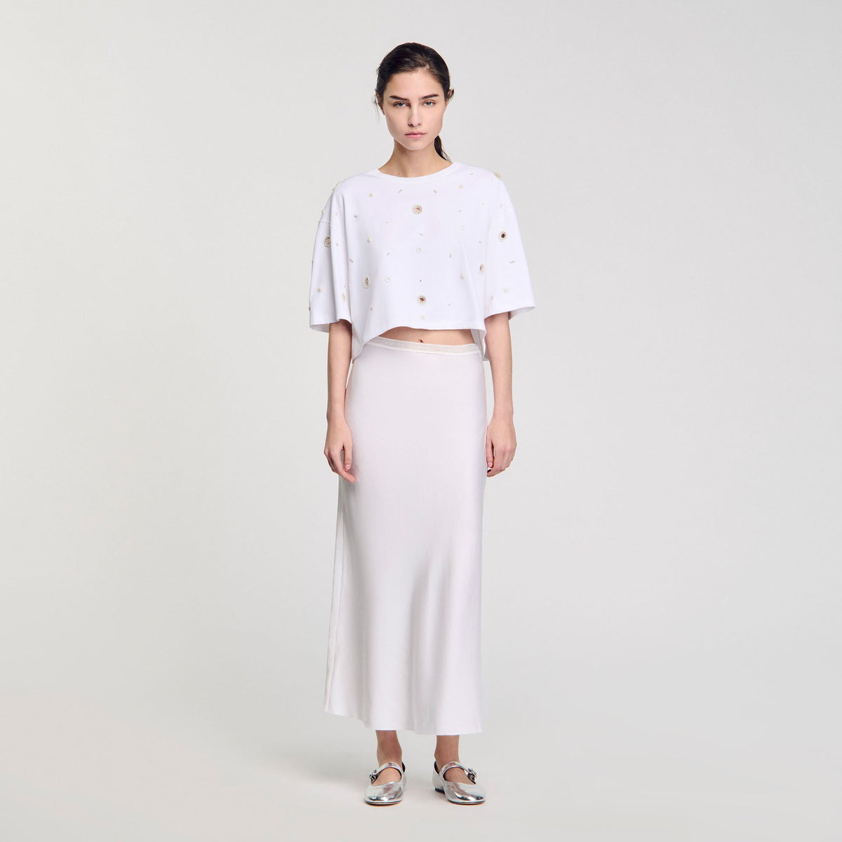 Sandro / Cropped pearl bead T-shirt White