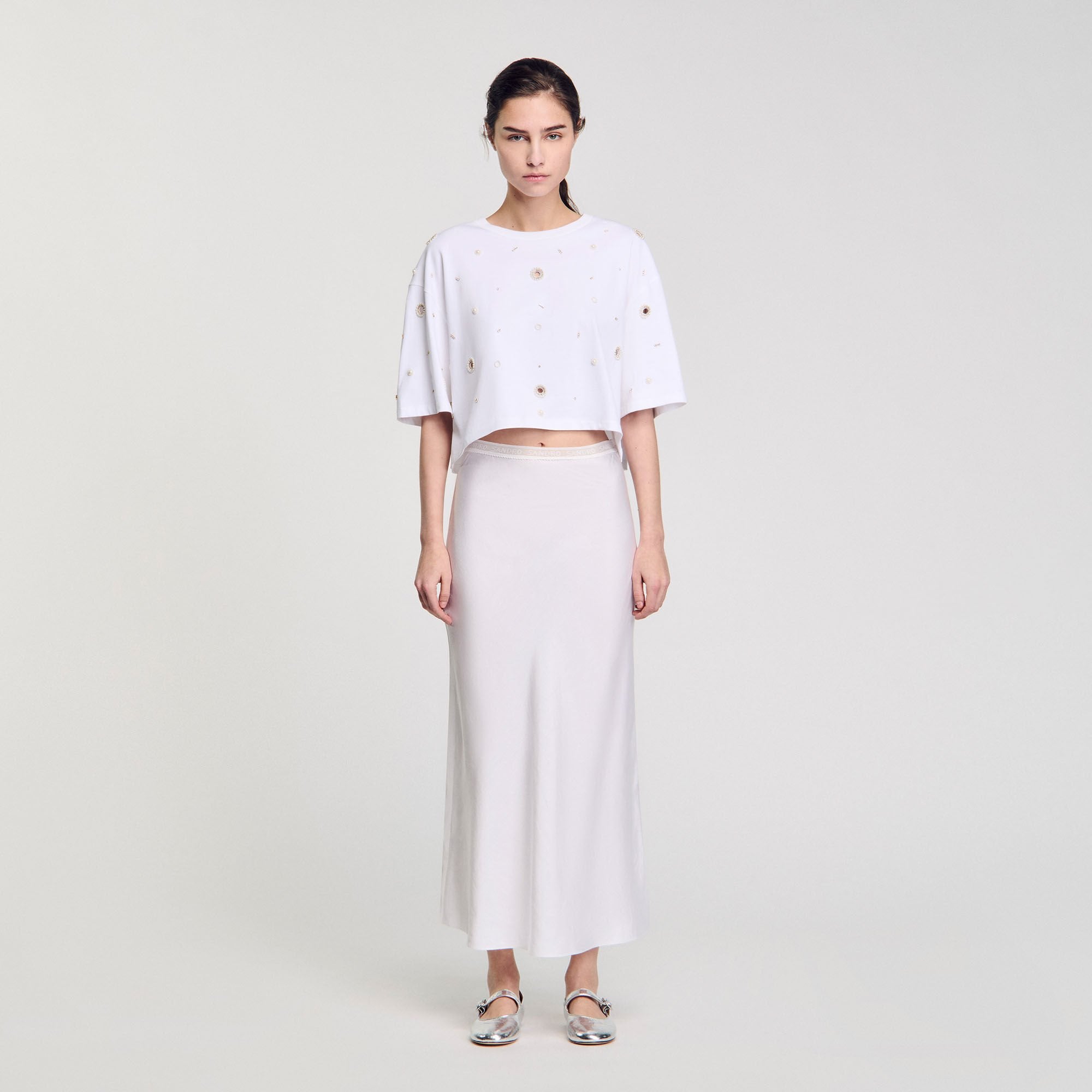Sandro / Cropped pearl bead T-shirt White