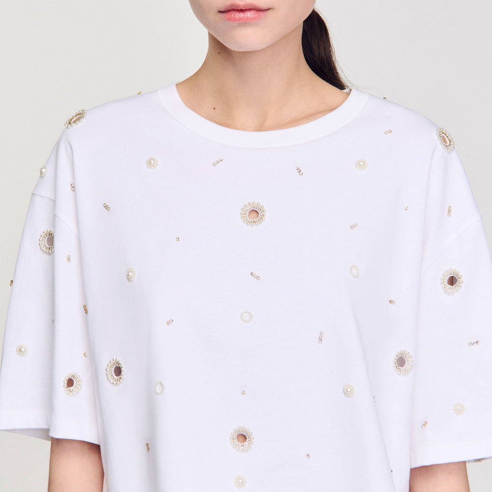 Sandro / Cropped pearl bead T-shirt White