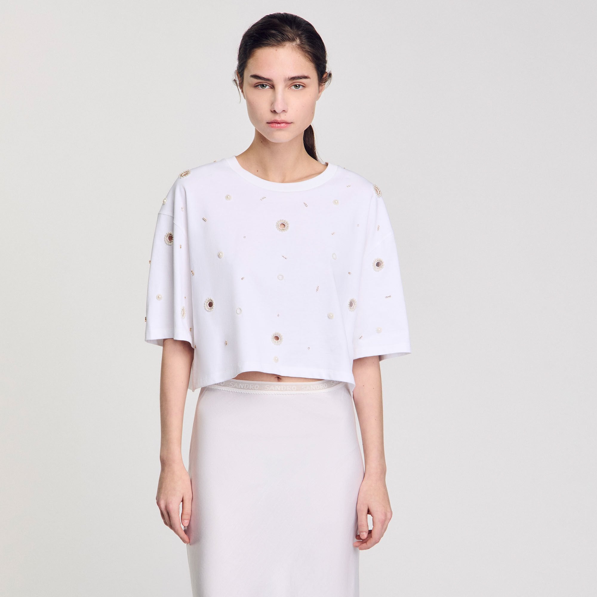 Sandro / Cropped pearl bead T-shirt White