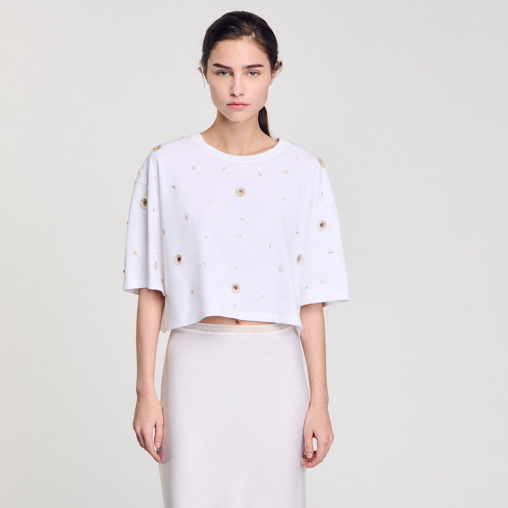 Sandro / Cropped pearl bead T-shirt White