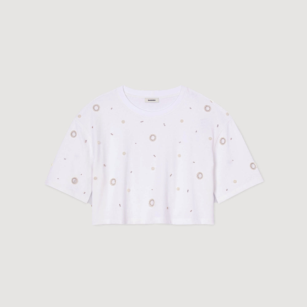 Sandro / Cropped pearl bead T-shirt White