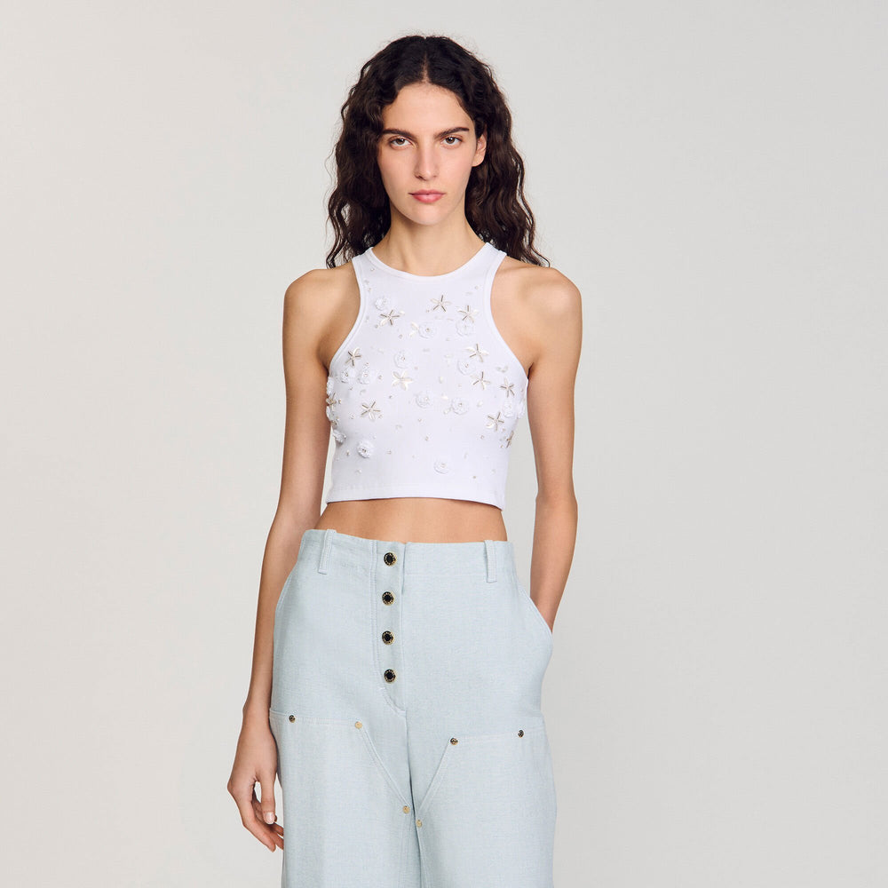 Sandro / Beaded and rhinestone tank top White