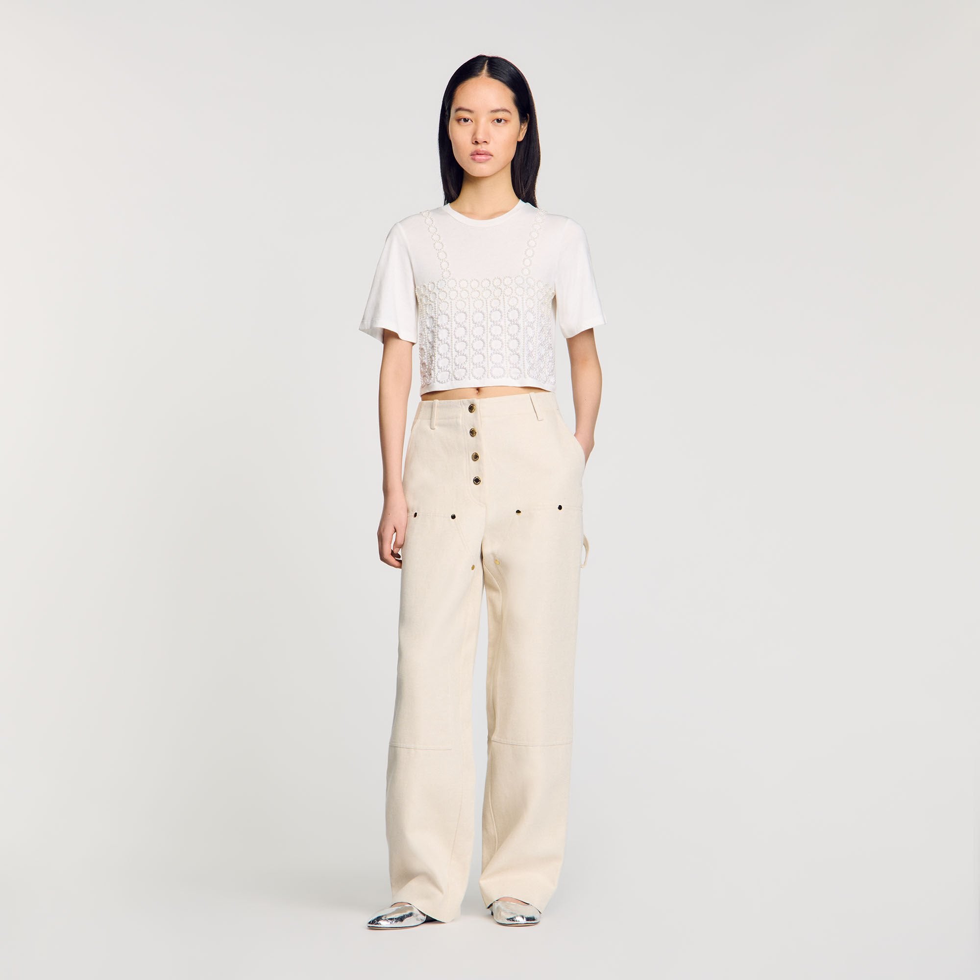 Sandro / Beaded cropped T-shirt White