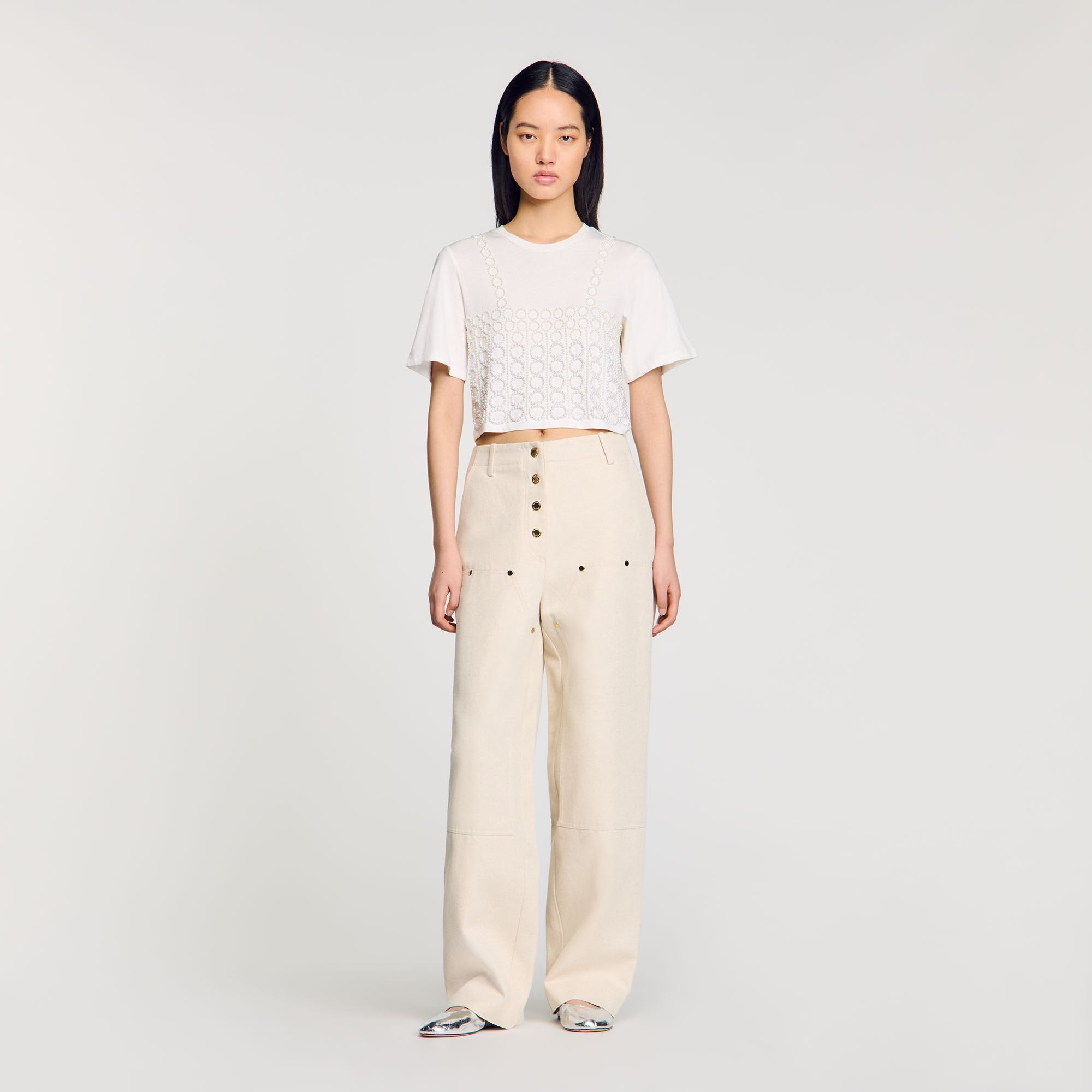 Sandro / Beaded cropped T-shirt White