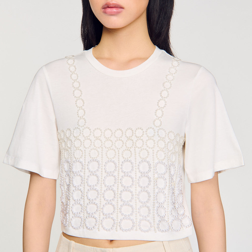 Sandro / Beaded cropped T-shirt White