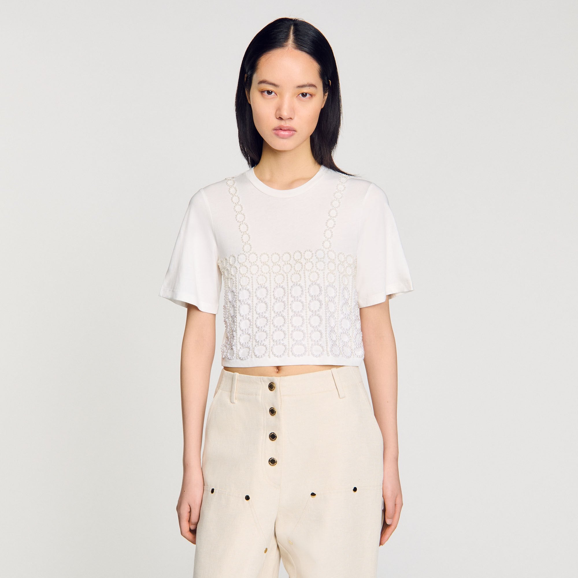 Sandro / Beaded cropped T-shirt White