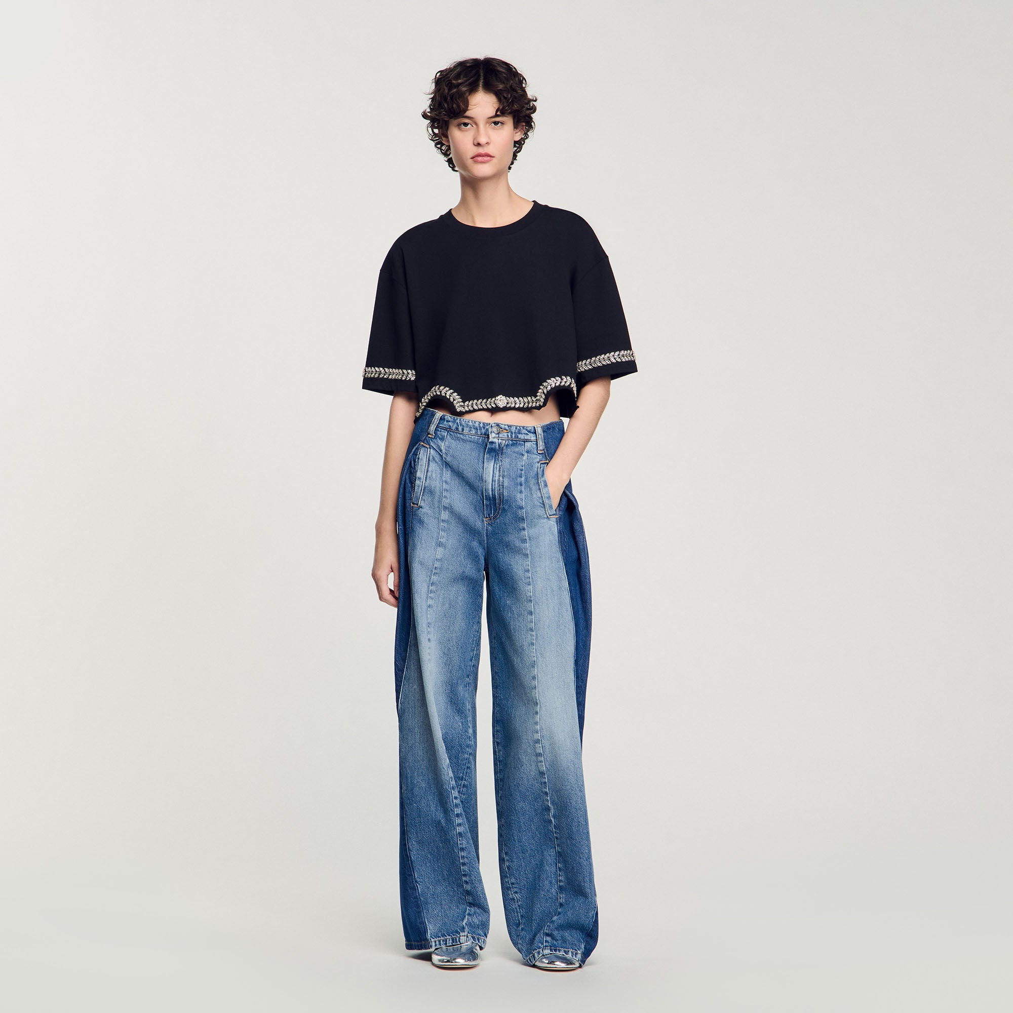 Sandro / Rhinestone cropped T-shirt Black