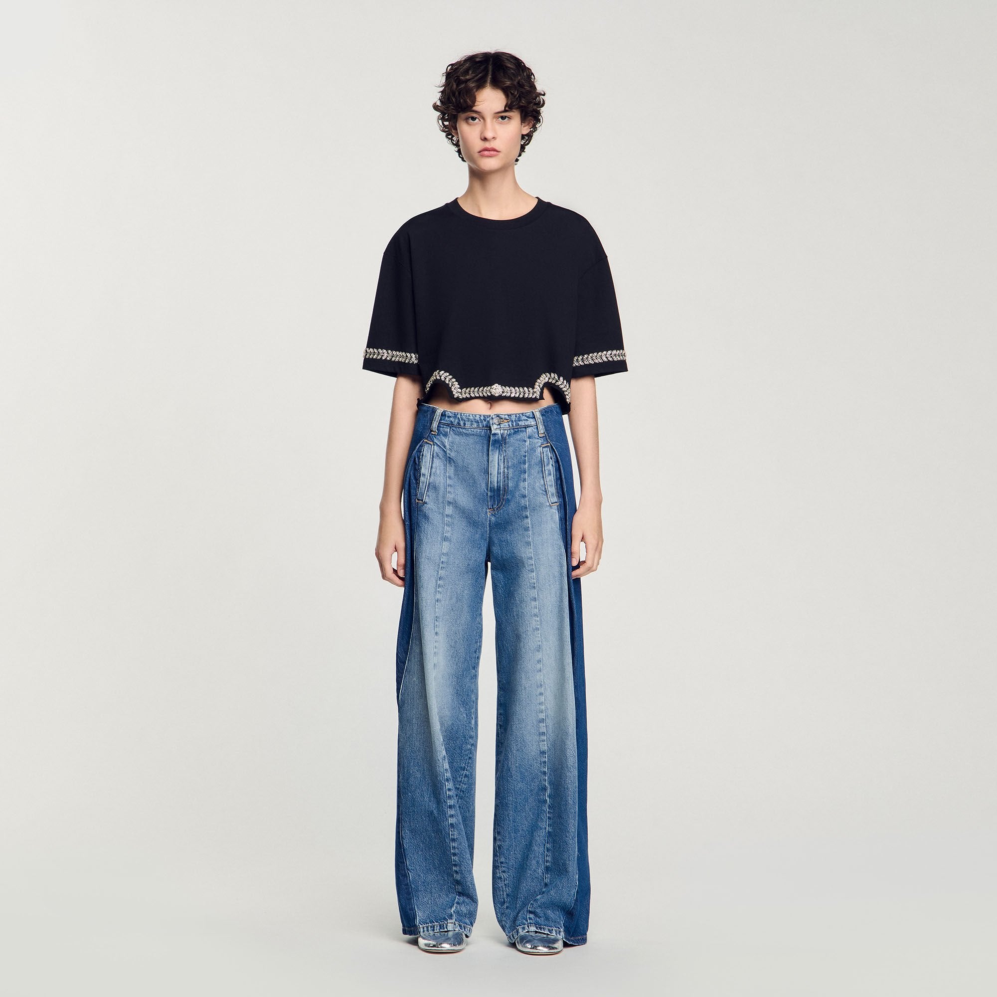 Sandro / Rhinestone cropped T-shirt Black