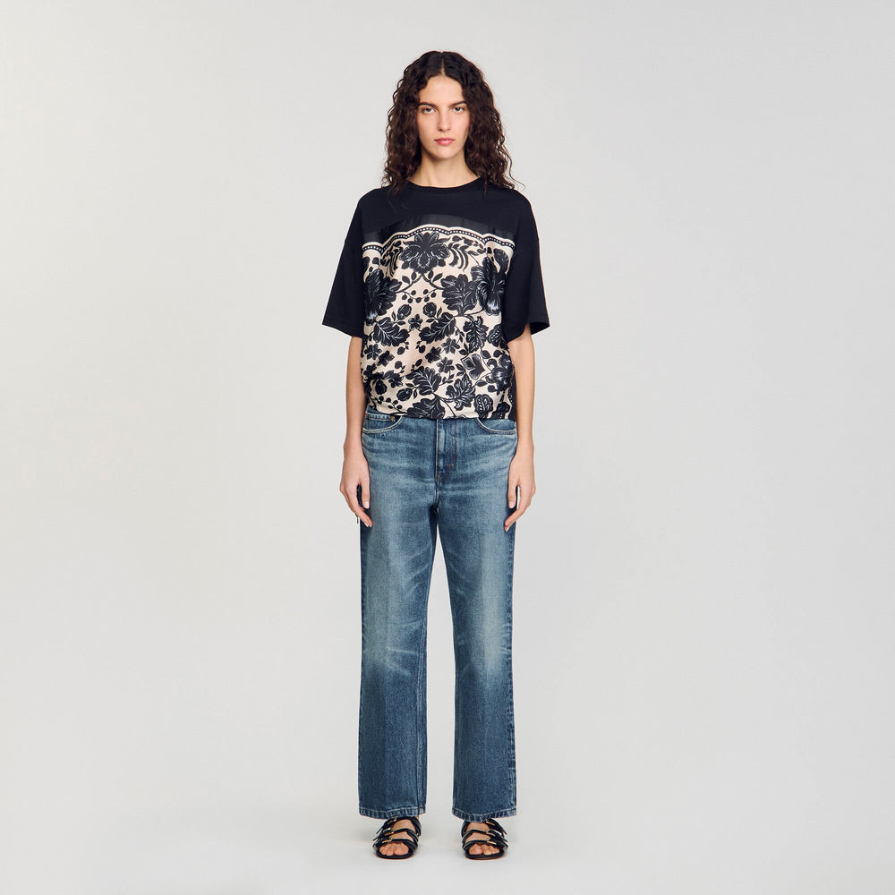 Sandro / Floral motif T-shirt Ecru / Black