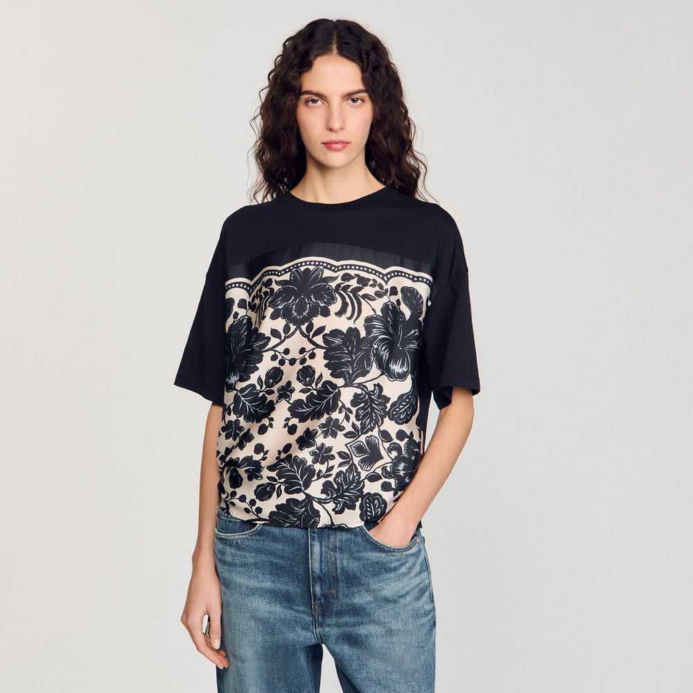 Sandro / Floral motif T-shirt Ecru / Black