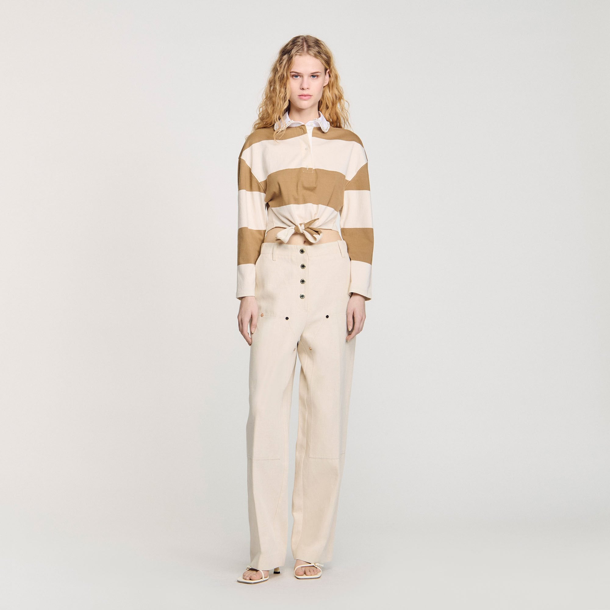 Sandro / Striped polo-neck T-shirt Beige