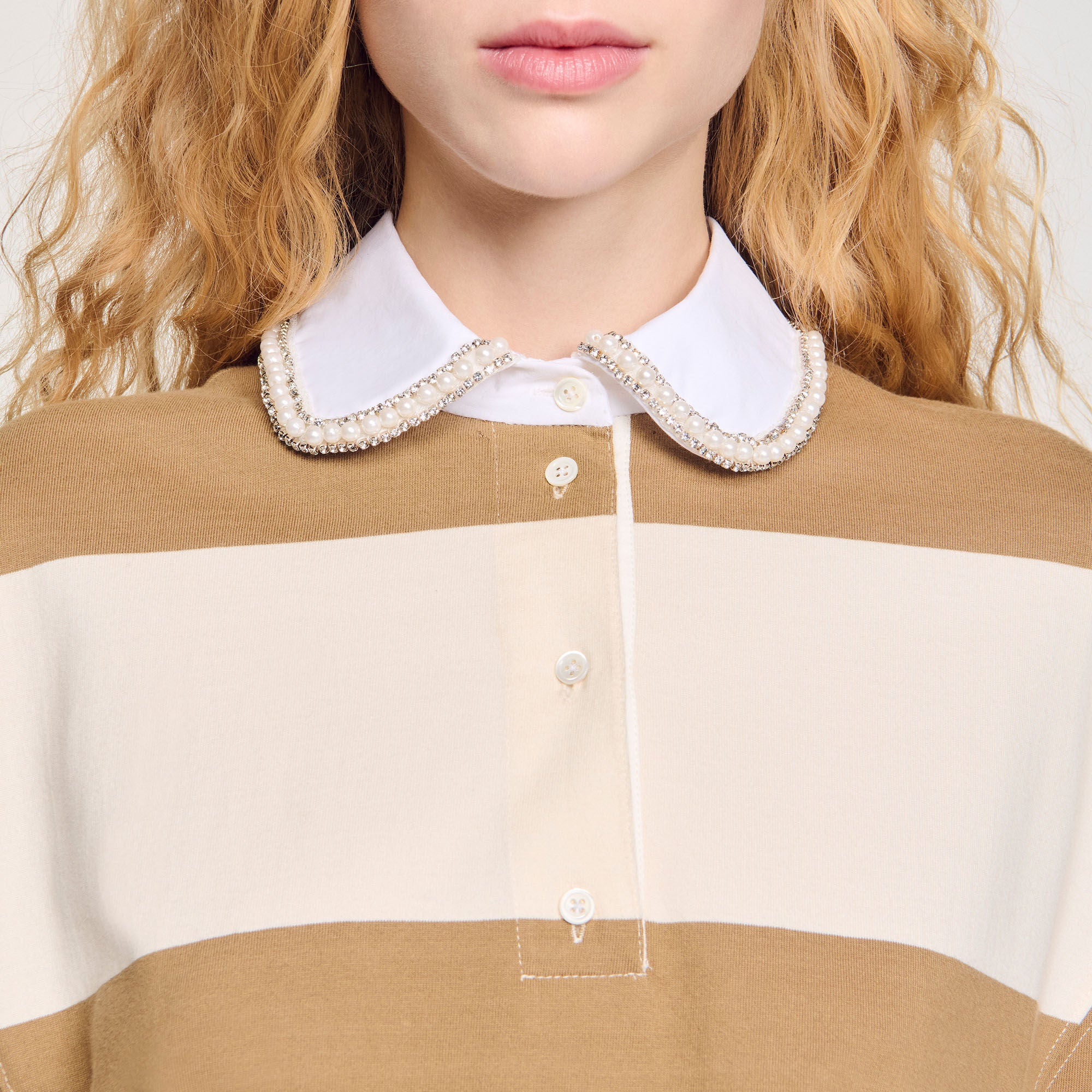 Sandro / Striped polo-neck T-shirt Beige