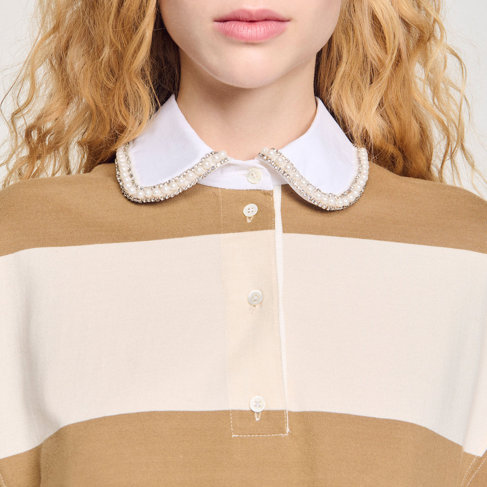 Sandro / Striped polo-neck T-shirt Beige