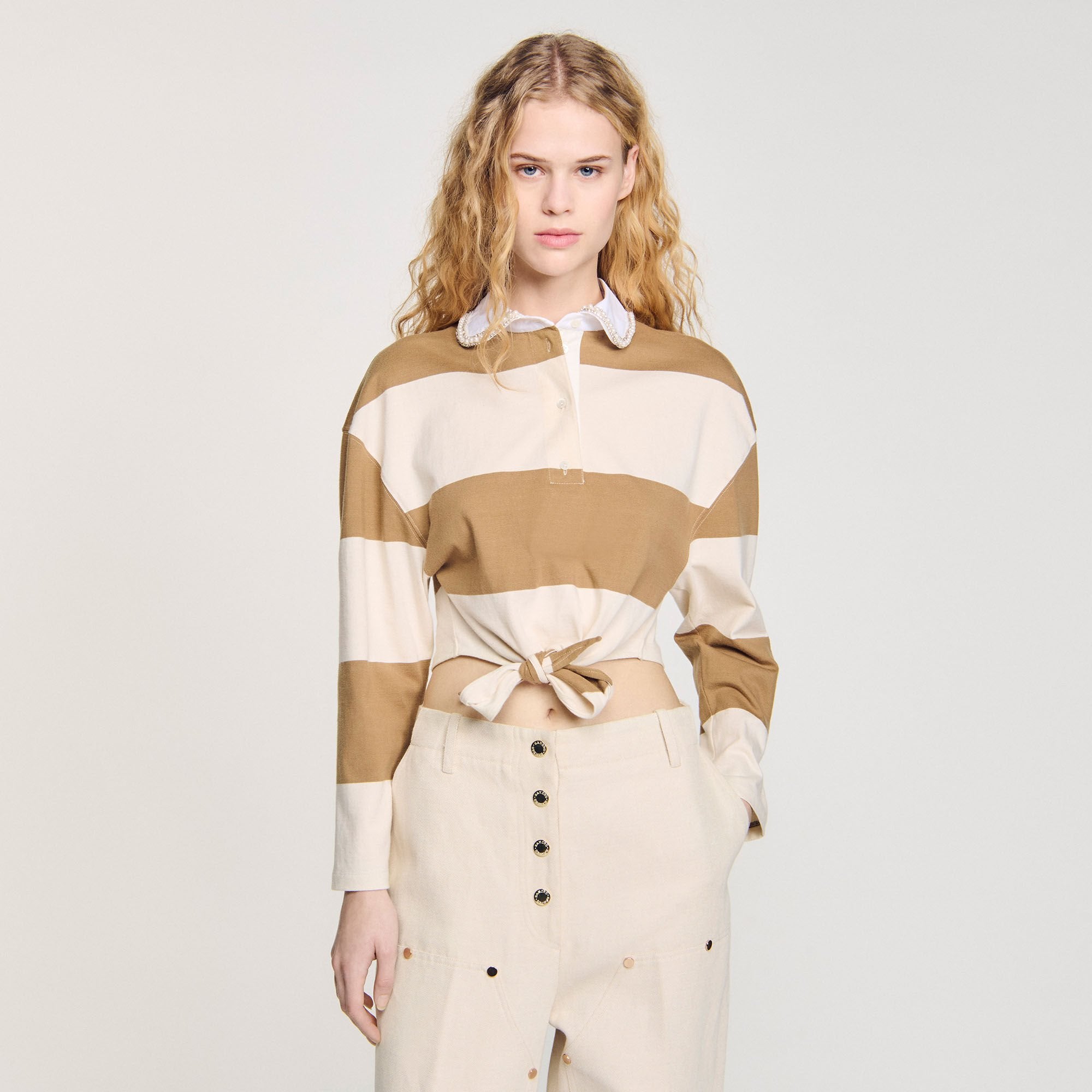 Sandro / Striped polo-neck T-shirt Beige