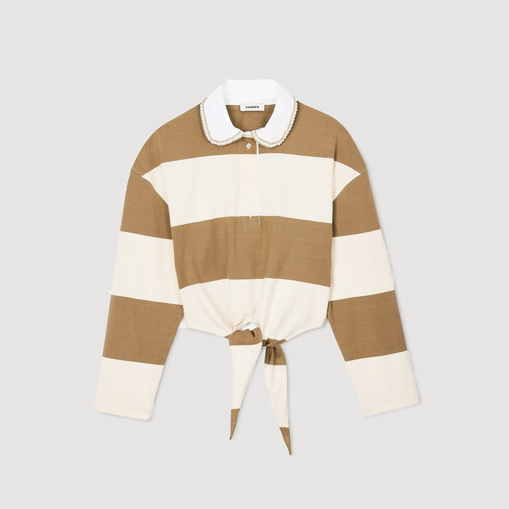 Sandro / Striped polo-neck T-shirt Beige