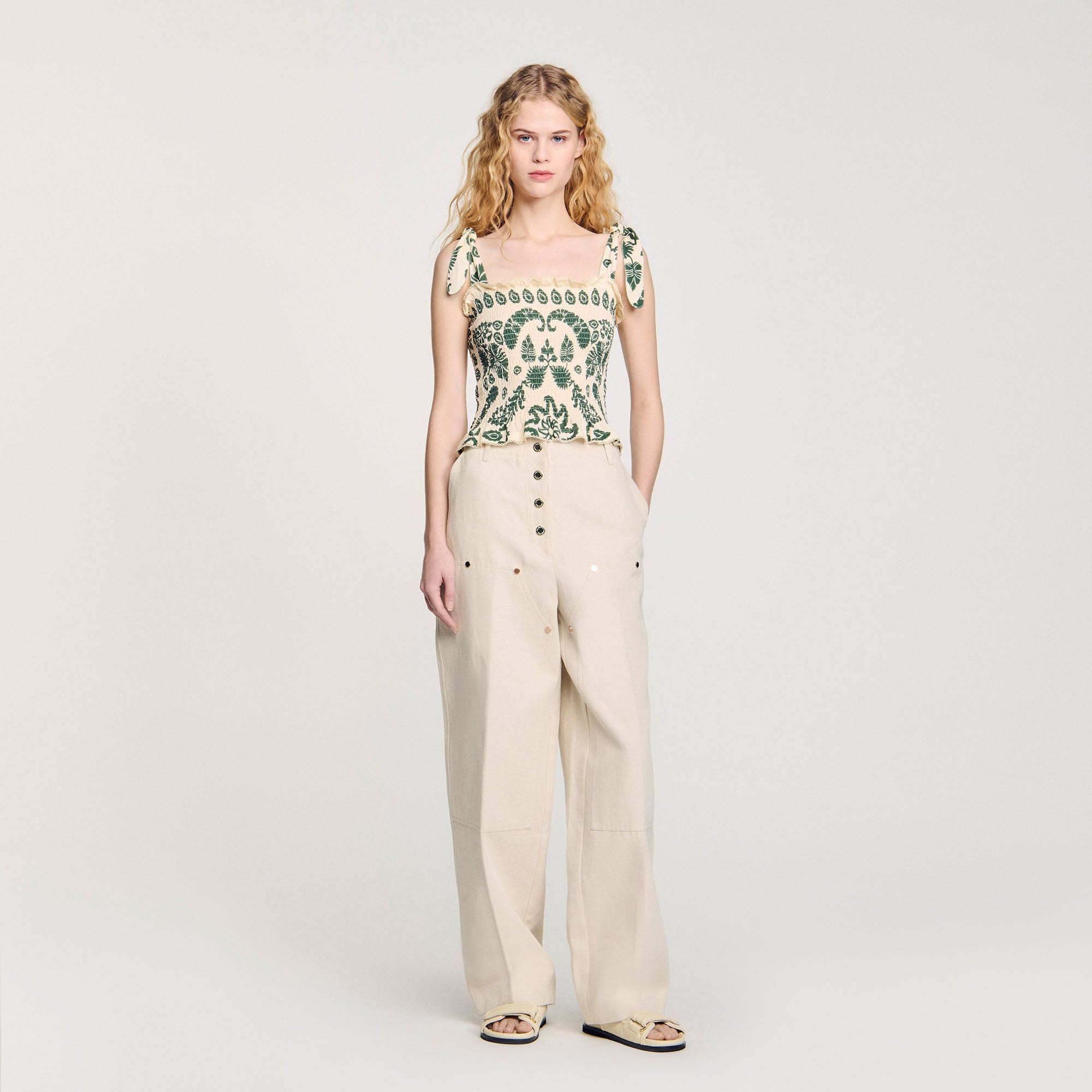 Sandro / Floral motif smocked top Ecru / Green
