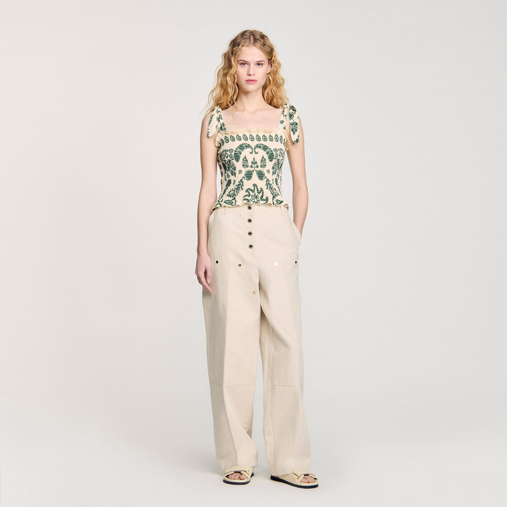 Sandro / Floral motif smocked top Ecru / Green