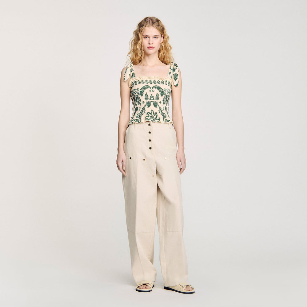 Sandro / Floral motif smocked top Ecru / Green