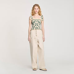 Sandro / Floral motif smocked top Ecru / Green