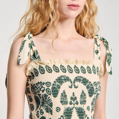 Sandro / Floral motif smocked top Ecru / Green